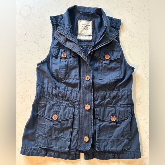 Abercrombie & Fitch Navy Blue Utility Cargo Vest Outerwear Jacket 100% Cotton - Picture 2 of 14